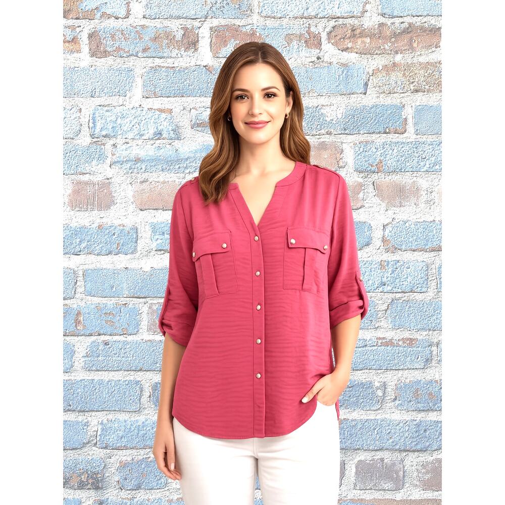 Anrienne Vittadini Rose Pink Top Size Medium with Roll Tab Sleeves